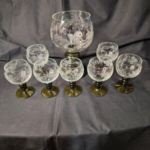 Vintage Roemer Etched Grape Wine Glass Set 7pc Green Beehive Stem Centerpce Bowl